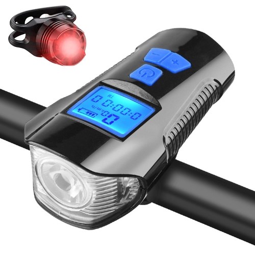 LED wiederaufladbares Fahrradrücklicht und Frontlichtset Fahrradscheinwerfer mit Fahrrad-Tachometer Kilometerzähler