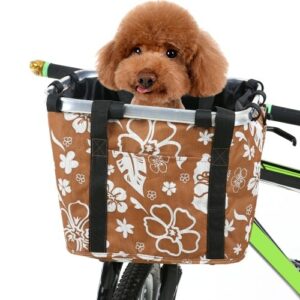 Zusammenklappbarer Fahrradkorb mit Blumendruck für kleine Haustiere, Katzen, Hunde, Tragetasche, abnehmbarer Fahrradlenker-Frontkorb, Fahrrad-Fronttasche, Handtasche